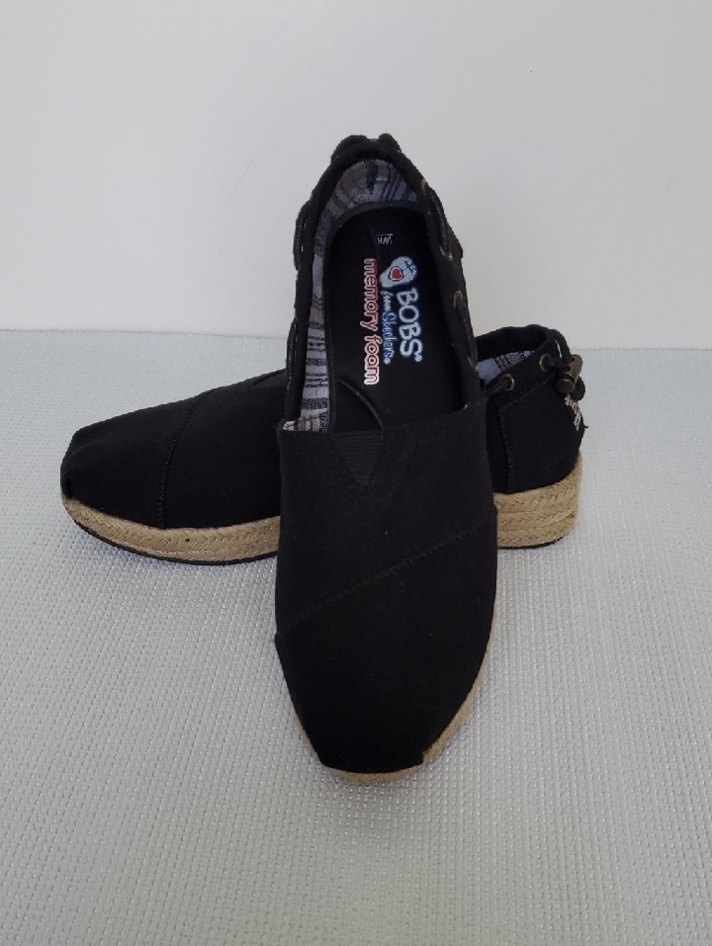 BOBS from Skechers Black Memory Foam Slip-On Wedge Espadrilles Shoes